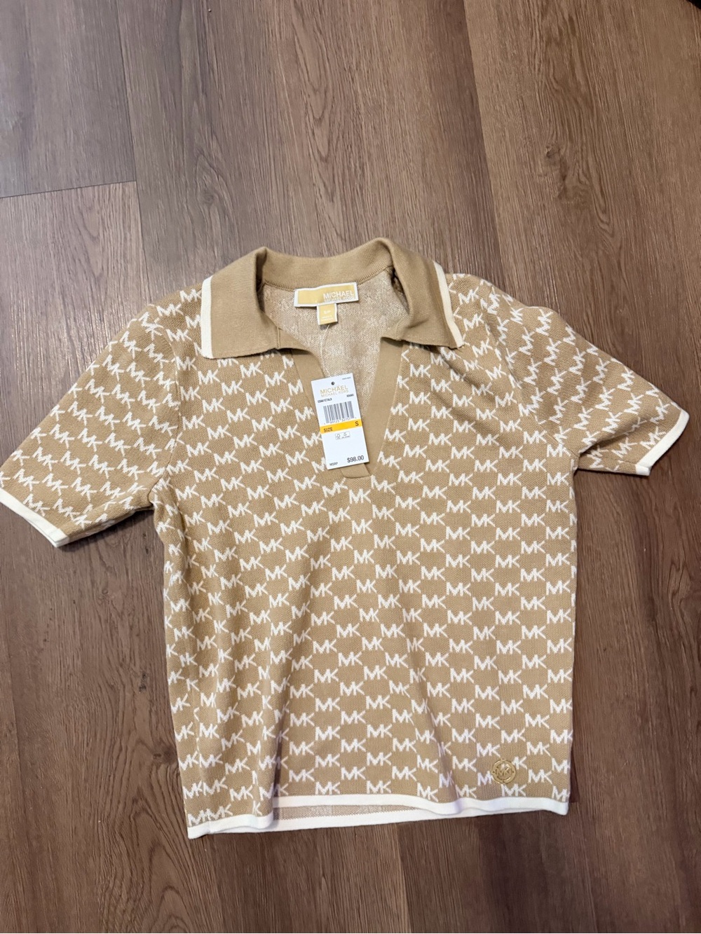 Michael Kors Tan & White All-Over MK Logo Polo Top Women Small
